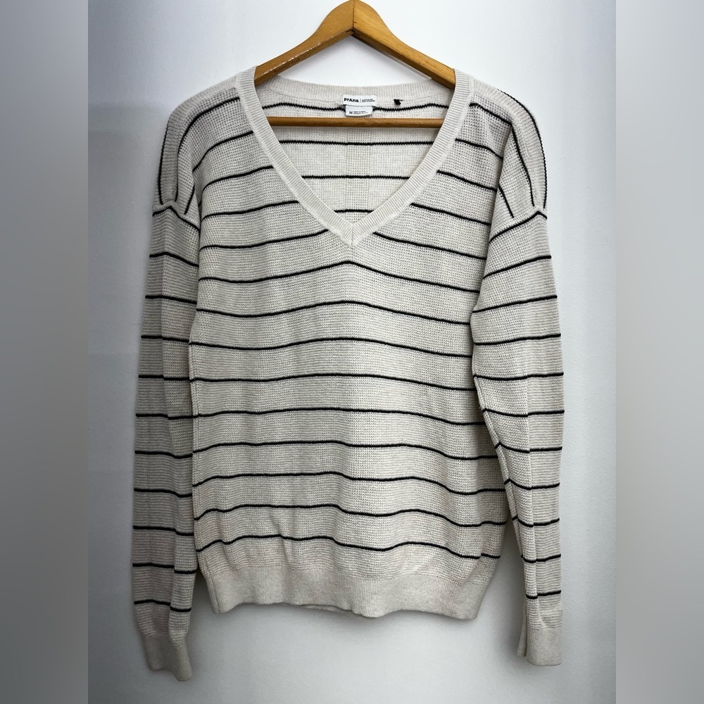 PRANA Striped Organic Cotton Knit Sweater Cream Black V-Neck Lightweight Medium